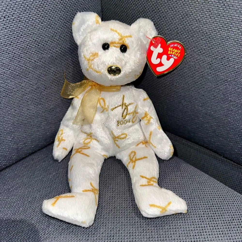 NWT! Ty Beanie Baby 2004 Signature Bear Original Gold & White P.E. Pellets